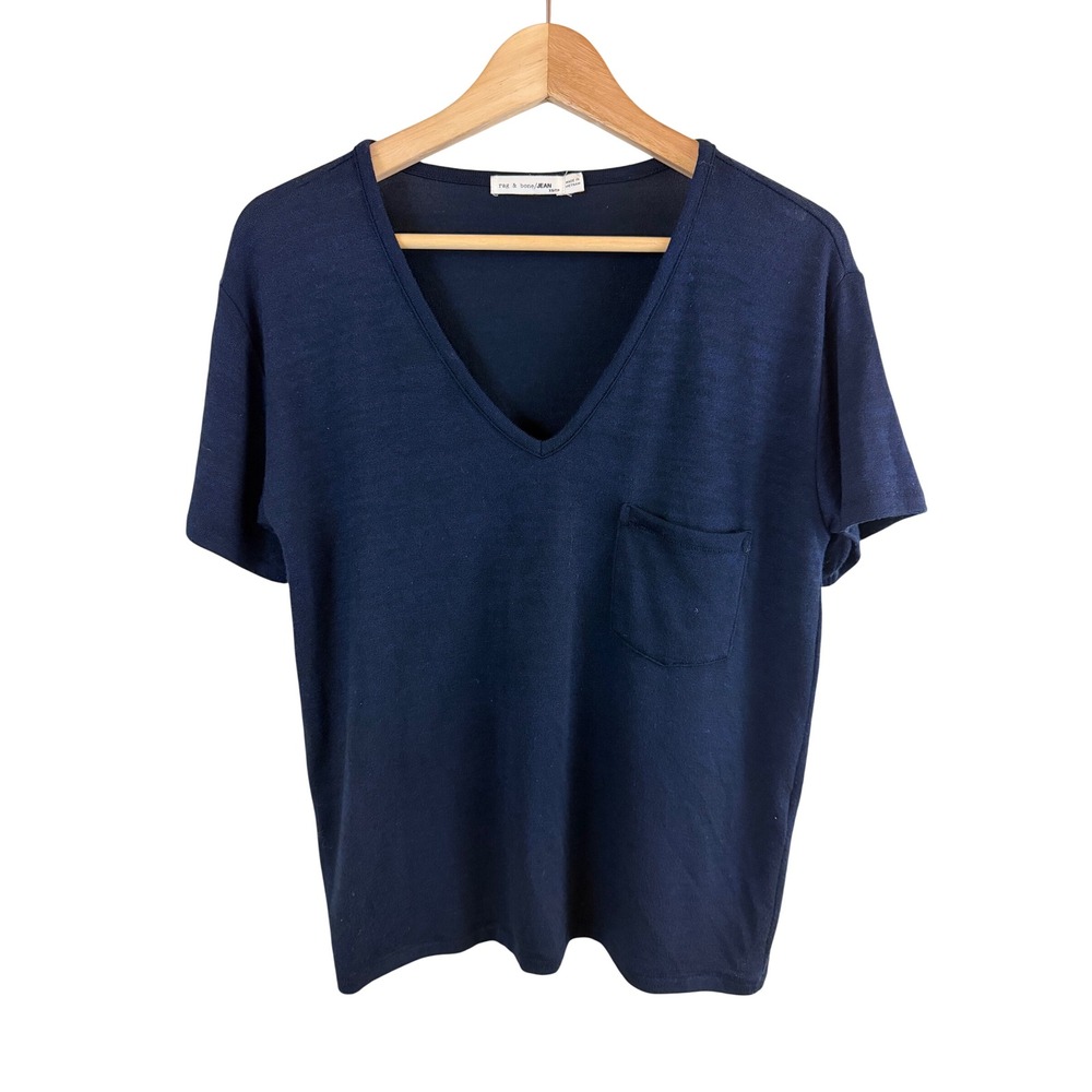 Rag & Bone Jean V Neck Pocket Tee Women XS Navy Blue Short Sleeve